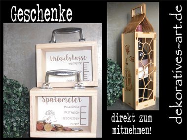 dekoratives Burgau Unterknöringen Gravur Werbung Werbemittel Firma Logo gravieren Laser Holz Spardose Wein Geschenk Name Küche