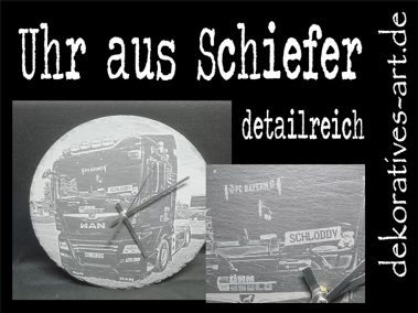 dekoratives Burgau Unterknöringen Gravur Werbung Werbemittel Firma Logo gravieren Laser Schiefer Uhr Wanduhr Foto