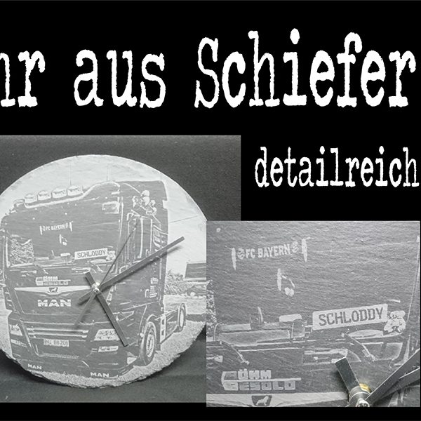 dekoratives Burgau Unterknöringen Gravur Werbung Werbemittel Firma Logo gravieren Laser Schiefer Uhr Wanduhr Foto